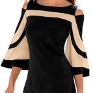 Tops | Beige Black Peekaboo Shoulder Blouse | Poshmark